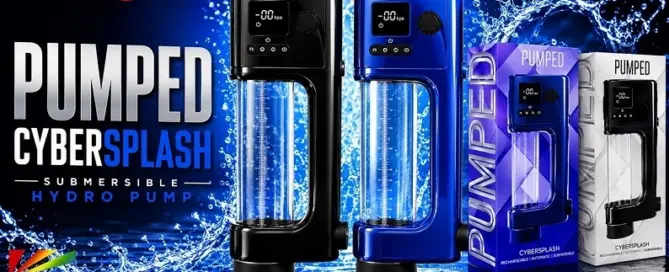SHOTS America CYBERSPLASH Submersible Hydro Pump collection featuring Black and Metallic Blue automatic hydro pumps with retail packaging.
