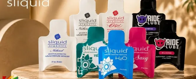 Sliquid's redesigned eco-friendly 5ml sample packets featuring premium lubricant formulas for retail merchandising and customer sampling.