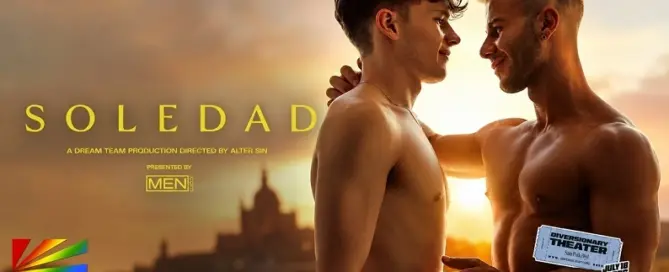 Hollywood-style promotional artwork for the upcoming MEN.com feature film SOLEDAD, showcasing the emotional connection between its two lead characters against a cinematic Barcelona-inspired sunset.
