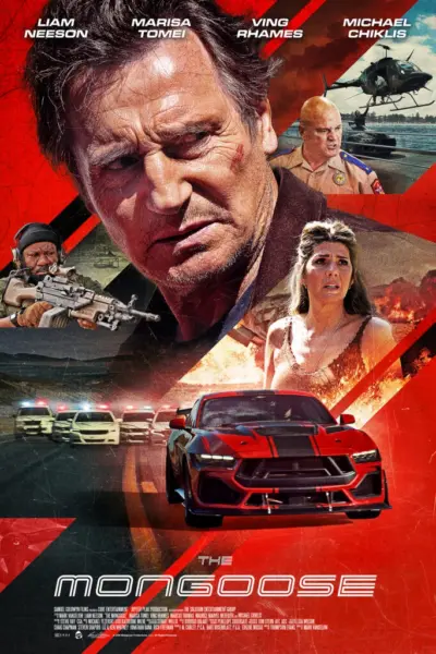 Official movie poster for The Mongoose starring Liam Neeson, Marisa Tomei, Ving Rhames, and Michael Chiklis from Samuel Goldwyn Films.
