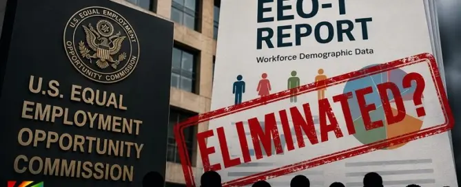 Illustration showing an EEOC building beside an EEO-1 workforce diversity report stamped "Eliminated?" highlighting the Trump administration's proposal to end demographic workforce reporting.