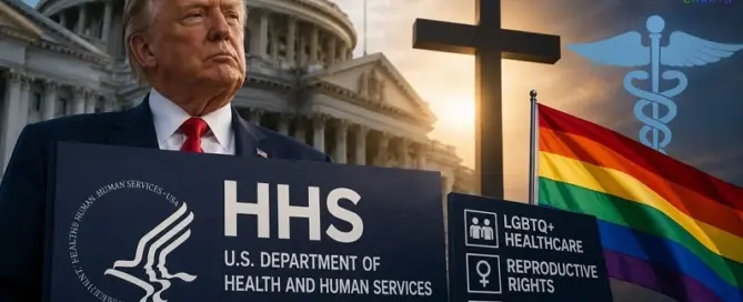 President Donald Trump alongside the U.S. Department of Health and Human Services headquarters highlighting the administration's religious freedom policy and its potential impact on LGBTQ+ healthcare and federal civil rights enforcement.