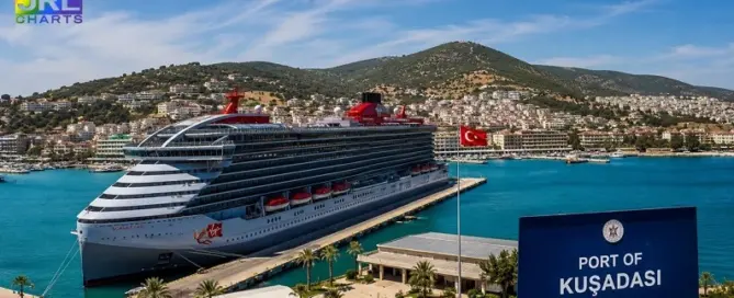 Editorial illustration of the Scarlet Lady cruise ship outside Kuşadası Port after Turkish authorities blocked scheduled visits by an LGBTQ charter cruise.