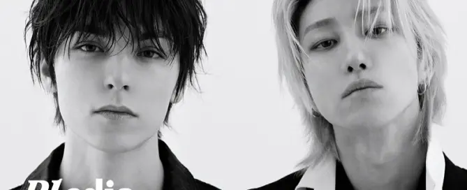 V8 members The 8 and Vernon in the official "girlsnboys" visualizer released through HYBE Labels.
