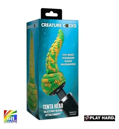 Retail packaging for the XR Brands Tenta Head Silicone Wand Attachment featuring Creature Cocks branding and standard wand compatibility.