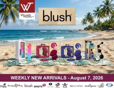 Williams Trading digital catalog featuring blush, Maia Toys, XR Brands and August 7 new arrivals