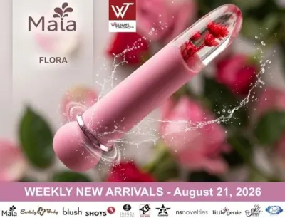 Williams Trading Weekly New Arrivals digital catalog for August 21, 2026, featuring Maïa FLORA and new products from multiple pleasure product brands.