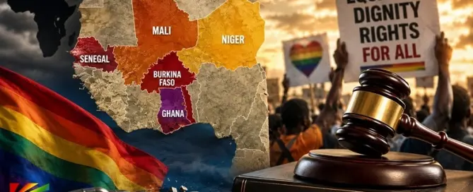 Editorial illustration depicting West Africa, LGBTQ+ rights, human rights advocacy, and growing anti-LGBTQ+ legislation across Senegal, Ghana, Burkina Faso, Mali, and Niger.