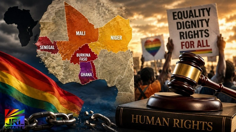 Editorial illustration depicting West Africa, LGBTQ+ rights, human rights advocacy, and growing anti-LGBTQ+ legislation across Senegal, Ghana, Burkina Faso, Mali, and Niger.