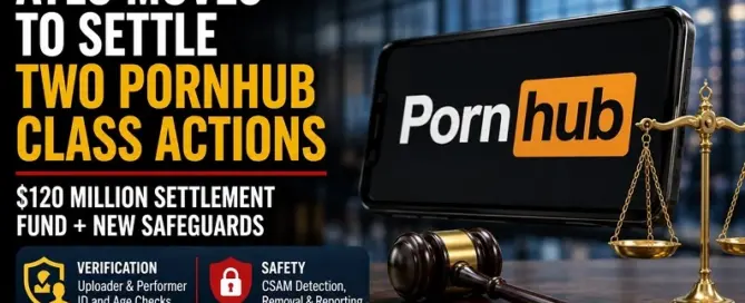 Aylo Pornhub class action settlement editorial graphic highlighting a proposed $120 million settlement fund, verification safeguards and court approval.