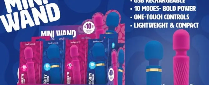 Bodywand Mini Wand POP Display by XGEN Products featuring compact USB rechargeable mini wand massagers for women's wellness retailers, available through ECN Wholesale.