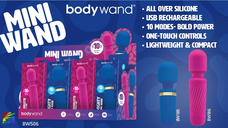 Bodywand Mini Wand POP Display by XGEN Products featuring compact USB rechargeable mini wand massagers for women's wellness retailers, available through ECN Wholesale.
