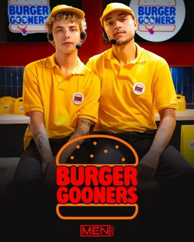 Official promotional poster for MEN.com's Burger Gooners limited series featuring Nico Scooby and Vincent Revero.