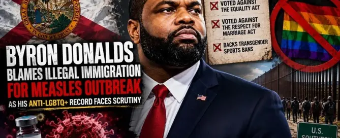 Byron Donalds with Florida, measles vaccine, immigration and anti-LGBTQ+ voting record imagery