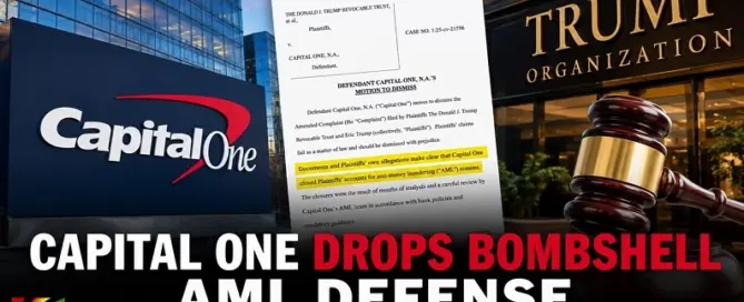 Capital One headquarters, federal court filing, and Trump Organization branding illustrating the bank's anti-money laundering defense in a high-profile banking lawsuit.