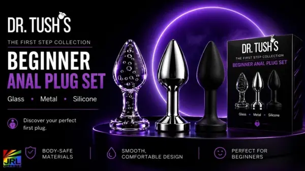 Dr. Tush’s collection of glass, metal and silicone anal wellness products featured for the JRL CHARTS Anal August Retail Spotlight.