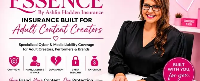 Essence Protection promotional artwork featuring founder Ashlin Hadden and the company's specialized media and cyber liability insurance program for adult content creators.