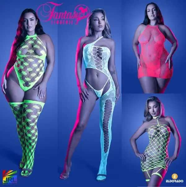 Fantasy Lingerie glow-in-the-dark collection featuring neon fishnet and mesh lingerie styles