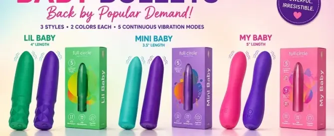 Full Circle Baby Bullets collection featuring Lil Baby, Mini Baby and My Baby in six colorful retail-ready options.