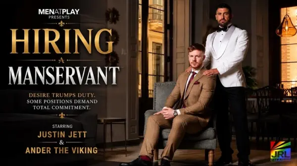 Justin Jett and Ander the Viking share an intense moment in MenAtPlay's Hiring a Manservant.