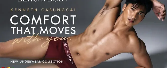Kenneth Cabungcal models burgundy BENCH Body men’s underwear in the brand’s latest fashion campaign.