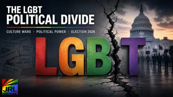 LGBT political divide editorial graphic showing a symbolic fracture in the LGBT coalition against the U.S. Capitol ahead of Election 2026.