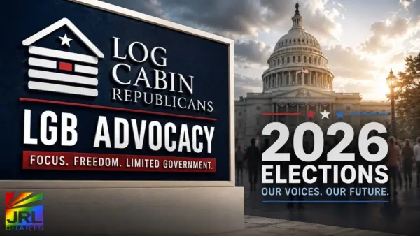 Editorial graphic highlighting Log Cabin Republicans, its LGB advocacy focus and the 2026 midterm elections with the U.S. Capitol.