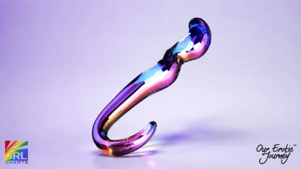OEJ Blue Flame Curved Glass Dildo featuring an iridescent curved borosilicate glass design from the Cristal Collection.