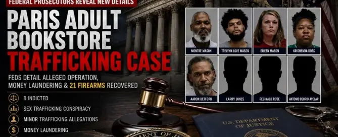 Paris Adult Bookstore trafficking case DOJ update detailing eight federal indictments and 21 firearms recovered