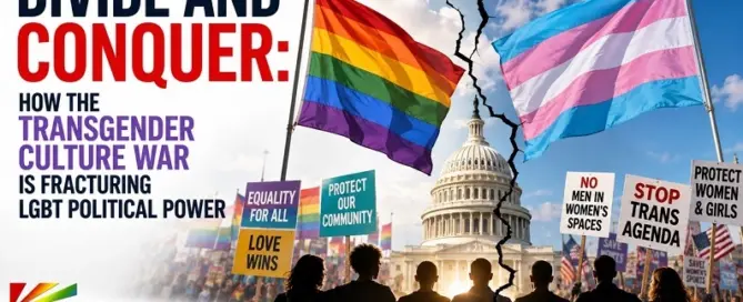 Editorial graphic examining the transgender culture war and divisions within LGBT political power ahead of the 2026 midterm elections.