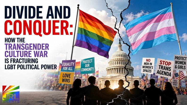 Editorial graphic examining the transgender culture war and divisions within LGBT political power ahead of the 2026 midterm elections.
