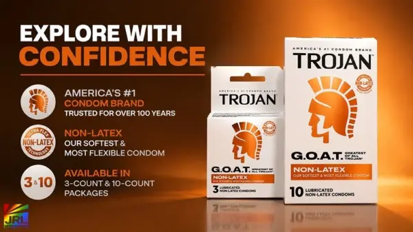 Trojan G.O.A.T. Ultra Flex Non-Latex Condoms shown in 3-count and 10-count packages with Explore With Confidence branding.