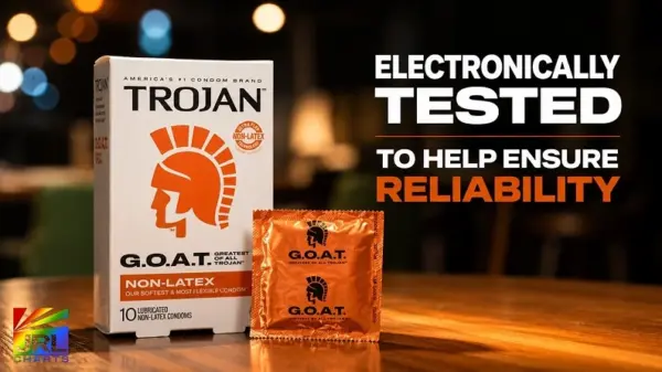 Trojan G.O.A.T. Non-Latex Condom box and wrapper with electronically tested reliability messaging.