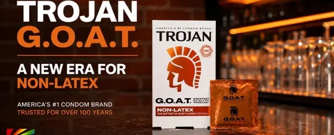 Trojan G.O.A.T. Non-Latex Condoms featuring new Ultra Flex technology and premium orange-and-white packaging.