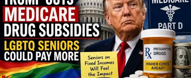 Donald Trump with Medicare Part D imagery highlighting the end of Medicare drug subsidies and the potential impact on LGBTQ seniors and prescription drug costs.