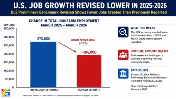 JRL CHARTS chart showing U.S. job growth revised from 273,000 to approximately 194,000 jobs for March 2025 through March 2026.