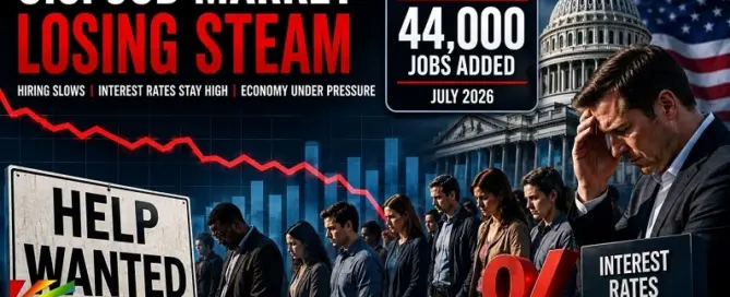 A financial news illustration showing the U.S. job market slowdown with a declining hiring graph, unemployed workers, Capitol Building, and an ADP July 2026 jobs report showing 44,000 jobs added.