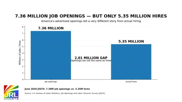 BLS chart comparing 7.36 million U.S. job openings with 5.35 million actual hires in June 2026.