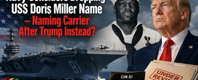 Doris Miller and Donald Trump featured in JRL CHARTS editorial artwork about the Navy reportedly considering renaming the future USS Doris Miller CVN-81.