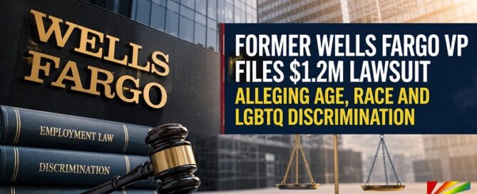 Wells Fargo discrimination lawsuit editorial graphic covering former VP Robert Propst's age, race, disability and LGBTQ discrimination allegations.
