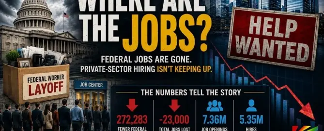 Where Are the Jobs editorial graphic examining federal workforce cuts, U.S. job losses, private-sector hiring and job openings in 2026.
