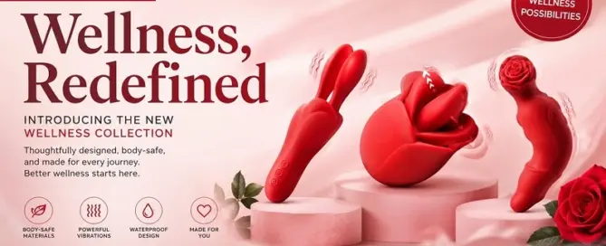 XR Brands Bloomgasm Collection featuring the Petal Kiss, Double Licker, and Rose Thrust premium silicone wellness products for specialty retailers.