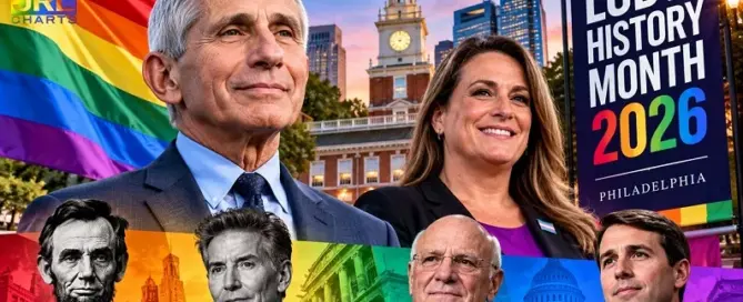 2026 LGBT History Month Philadelphia illustration featuring Dr. Anthony Fauci, LGBTQ Pride imagery and featured LGBT Icons.