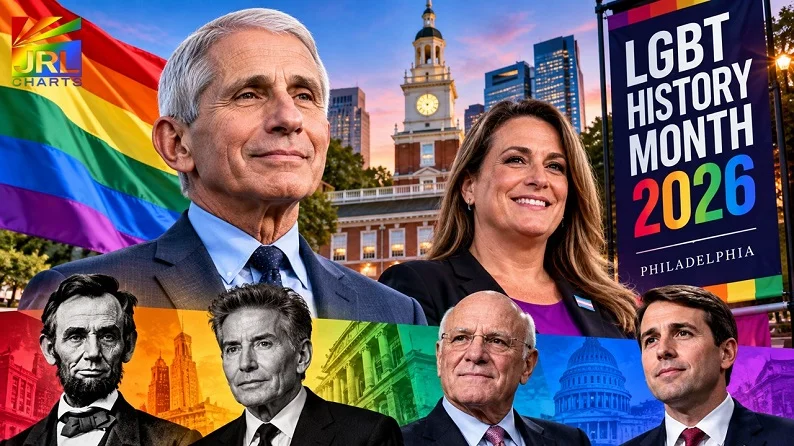 2026 LGBT History Month Philadelphia illustration featuring Dr. Anthony Fauci, LGBTQ Pride imagery and featured LGBT Icons.