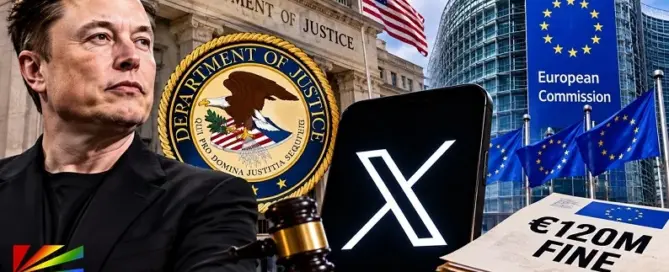 Elon Musk, X, U.S. Department of Justice and European Commission illustrated in €120 million Digital Services Act legal battle.