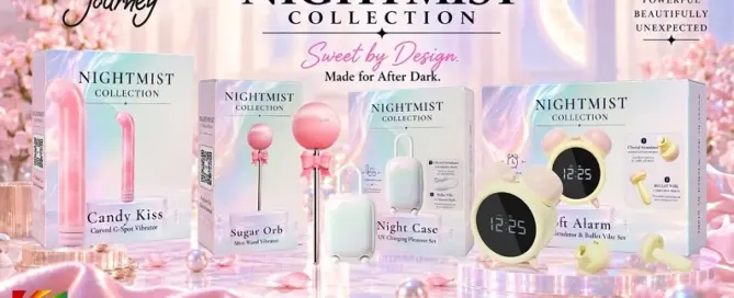 Our Erotic Journey Nightmist Collection featuring Candy Kiss, Sugar Orb, Night Case and Soft Alarm pleasure products with retail packaging.