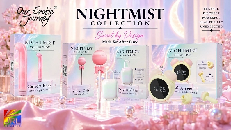 Our Erotic Journey Nightmist Collection featuring Candy Kiss, Sugar Orb, Night Case and Soft Alarm pleasure products with retail packaging.