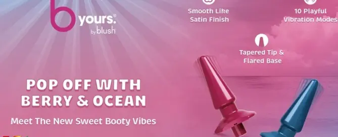 Blush B Yours Vibrating Plug in Berry and Ocean with 10 vibration modes, tapered tip and flared base