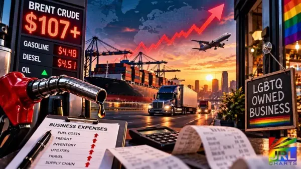 Brent crude above $107 illustrated alongside rising fuel, freight, inventory and supply-chain costs affecting LGBTQ-owned businesses.