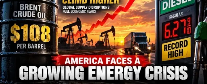 Brent crude oil at $108 per barrel as record diesel prices, supply disruptions and rising transportation costs fuel U.S. energy crisis concerns.